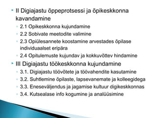    II Digiajastu õppeprotsessi ja õpikeskkonna
    kavandamine
    ◦ 2.1 Õpikeskkonna kujundamine
    ◦ 2.2 Sobivate meetodite valimine
    ◦ 2.3 Õpiülesannete koostamine arvestades õpilase
      individuaalset eripära
    ◦ 2.4 Õpitulemuste kujundav ja kokkuvõttev hindamine
   III Digiajastu töökeskkonna kujundamine
    ◦   3.1. Digiajastu töövõtete ja töövahendite kasutamine
    ◦   3.2. Suhtlemine õpilaste, lapsevanemate ja kolleegidega
    ◦   3.3. Eneseväljendus ja jagamise kultuur digikeskkonnas
    ◦   3.4. Kutsealase info kogumine ja analüüsimine
 