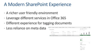 A Modern SharePoint Experience
ž A richer user friendly environment
ž Leverage different services in Office 365
ž Different experience for tagging documents
ž Less reliance on meta data
 