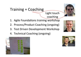 Training	
  +	
  Coaching	
  
                                    Light	
  touch	
  
                                       coaching	
  
1.    Agile	
  Founda>ons	
  training	
  workshop	
  
2.    Process/Product	
  Coaching	
  (ongoing)	
  
3.    Test	
  Driven	
  Development	
  Workshop	
  
4.    Technical	
  Coaching	
  (ongoing)	
  
 