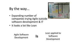 By	
  the	
  way…	
  
•  Expanding	
  number	
  of	
  
   companies	
  trying	
  Agile	
  outside	
  
   so6ware	
  development	
  &	
  IT	
  
•  It	
  looks	
  a	
  lot	
  like	
  Lean	
  

                                          Lean	
  applied	
  to	
  
     Agile	
  So6ware	
  
     Development	
             Is	
          So6ware	
  
                                           Development	
  
 
