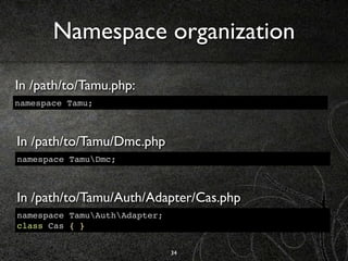 Namespace organization

In /path/to/Tamu.php:
namespace Tamu;



In /path/to/Tamu/Dmc.php
namespace TamuDmc;



In /path/t...