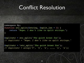 Conﬂict Resolution

namespace My;
function str_split($string, $split_len = 2) {
    return "Nope. I don't like to split st...