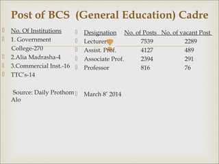 
Post of BCS (General Education) Cadre
 No. Of Institutions
 1. Government
College-270
 2.Alia Madrasha-4
 3.Commercial Inst.-16
 TTC’s-14
Source: Daily Prothom
Alo
 Designation No. of Posts No. of vacant Post
 Lecturer 7539 2289
 Assist. Prof. 4127 489
 Associate Prof. 2394 291
 Professor 816 76
 March 8’ 2014
 