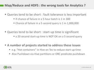 © 2015 EXASOL AG
Map/Reduce and HDFS : the wrong tools for Analytics ?
 Queries tend to be short : fault tolerance is less important
 If chance of failure in a 5 hour batch is 1 in 300
 Chance of failure in a 5 second query is 1 in 1,000,000
 Queries tend to be short : start-up time is significant
 a 20 second start-up time is NOT OK on a 5 second query
 A number of projects started to address these issues
 e.g. “Hot containers” in Hive on Tez to reduce start-up time
 Also Pushdown via Hive partitions or ORC predicate pushdown
 