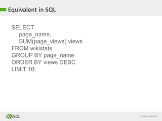 © 2015 EXASOL AG
Equivalent in SQL
SELECT
page_name,
SUM(page_views) views
FROM wikistats
GROUP BY page_name
ORDER BY views DESC
LIMIT 10;
 