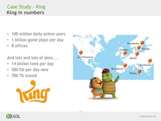 © 2015 EXASOL AG
37
King in numbers
• 100 million daily active users
• 1 billion game plays per day
• 8 offices
And lots and lots of data...
• 14 billion rows per day
• 500 Gb per day new
• 700 Tb stored
Case Study - King
 