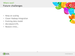 © 2015 EXASOL AG
51
Future challenges
• Keep on scaling
• Closer Hadoop integration
• Evolving data model
• Microbatch ETL
• Real(er) time…
Where next?
 