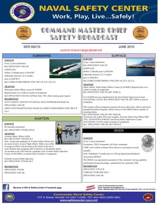 SER 002/10                                                                                           JUNE 2010
                                                                   SAFETY SURVEY REQUIREMENTS

                                  SUBMARINE                                                                         SURFACE
                                                                                 SURVEYS
SURVEYS
                                                                                 Every 3 years (minimum)
Every 3 years (minimum)
                                                                                 Ref: OPNAVINST 5100.19E
Ref: OPNAVINST 5100.19E
                                                                                 (A0203.b.(9).
(A0203.b.(9).
                                                                                 Within 12 Months prior to INSURV.
Within 12 Months prior to INSURV.
                                                                                 (Optimally between 3 to 5 months
(Optimally between 3 to 5 months
                                                                                 prior to INSURV)
prior to INSURV)
                                                                                 Ref: COMFLTFORCOMINST 4790.3 REV B, CH 1 (26.2.2)
Ref: COMFLTFORCOMINST 4790.3 REV B, CH 1 (26.2.2)
                                                                                 TRAINING
TRAINING                                                                         Safety officer: Afloat Safety Officer Course (A-4J-0020). Required prior to or
Submarine Safety Officer course (F-4J-0020)                                      within 6 months of assignment.
Required prior to or within 6 months of assignment.                              Ref: OPNAVINST 5100.19E ART A0503.A
Ref: OPNAVINST 5100.19E (A0503a) Note: NSC offers training upon request.
                                                                                 If A-4J-0020 was not completed then the Naval Safety Supervisors Course
REFERENCES                                                                       (NAVEDTRA 14167F). Ref: OPNAVINST 5100.19E ART A0503.A must be
NAVY SAFETY AND OCCUPATIONAL HEALTH PROGRAM MANUAL                               completed.
OPNAVINST 5100.19E
                                                                                 50% of petty officers assigned as primary division safety petty officers must have
JOINT FLEET MAINTENANCE MANUAL COMFLTFORCOMINST 4790.3 REV B
                                                                                 attended the Safety Programs Afloat Course (A-493-2099) within 6 months of
CH-1                                                                             assuming duties.
                                                                                 Ref: OPNAVINST 5100.19E ART A0503.B
                                                                                 All primary Div Safety POs must complete Division Safety Petty Officer PQS
                                      AVIATION                                   (301) (NAVEDTRA 43460-4C) and Naval Safety Supervisors Course
                                                                                 (NAVEDTRA 14167F) within 6 months of assignment.
SURVEYS                                                                          Ref: OPNAVINST 5100.19E ART A0503.B
Bi-Annually (minimum)
Ref: OPNAVINST 3750.6R (205.h)                                                                                         DIVER
TRAINING
Aviation Safety Officer (ASO)
Ref: OPNAVINST 3750.6R CH-2                                                      SURVEYS
Note: Assign only graduates of Aviation Safety School who                        Every 2 years (minimum)
are naval aviators or naval flight officers. Make every effort                   Exceptions: USCG commands, Air Force commands,
to assign an officer who has been to the school in the last 4
                                                                                 USMC units without a Master Diver, Reserve commands surveyed
years. Refrain from assigning ASO to punitive or disciplinary duties.
An assistant to the ASO must be a graduate of the Aviation Safety Specialist     annually.
Course (A-493-0065), or attend within 6 months of assignment.                    Note: Scheduled 12 months prior to a Diving Operational Readiness
                                                                                 Assessment (DORA)
Enlisted Aviation Safety Specialist
                                                                                 The DORA is an operational assessment of the command’s diving capability
Ref: OPNAVINST 3750.6R CH-2
                                                                                 and baseline diving knowledge, conducted by the command’s ISIC.
REFERENCES                                                                       REFERENCES
OPNAVINST 3750.6R                                                                OPNAVINST 3150.27 B
OPNAVINST 5100.19E                                                               COMUSFLTFORCOM 3501.1
                                                                                 OPNAVINST 5100.19E



                                                                                                  Lines of communication are open!
          Become a FAN of Safety Center’s Facebook page.                                          Email: dominick.torchia1@navy.mil
                                                                                                  Phone: DSN 564-3520, EXT 7012 /(O) 757-444-3520 EXT 7012 / (C) 757-374-3317


                                                           Commander Naval Safety Center
                                       375 A Street, Norfolk VA 23511-4399, 757-444-3520 (DSN 564)
                                                        www.safetycenter.navy.mil
 