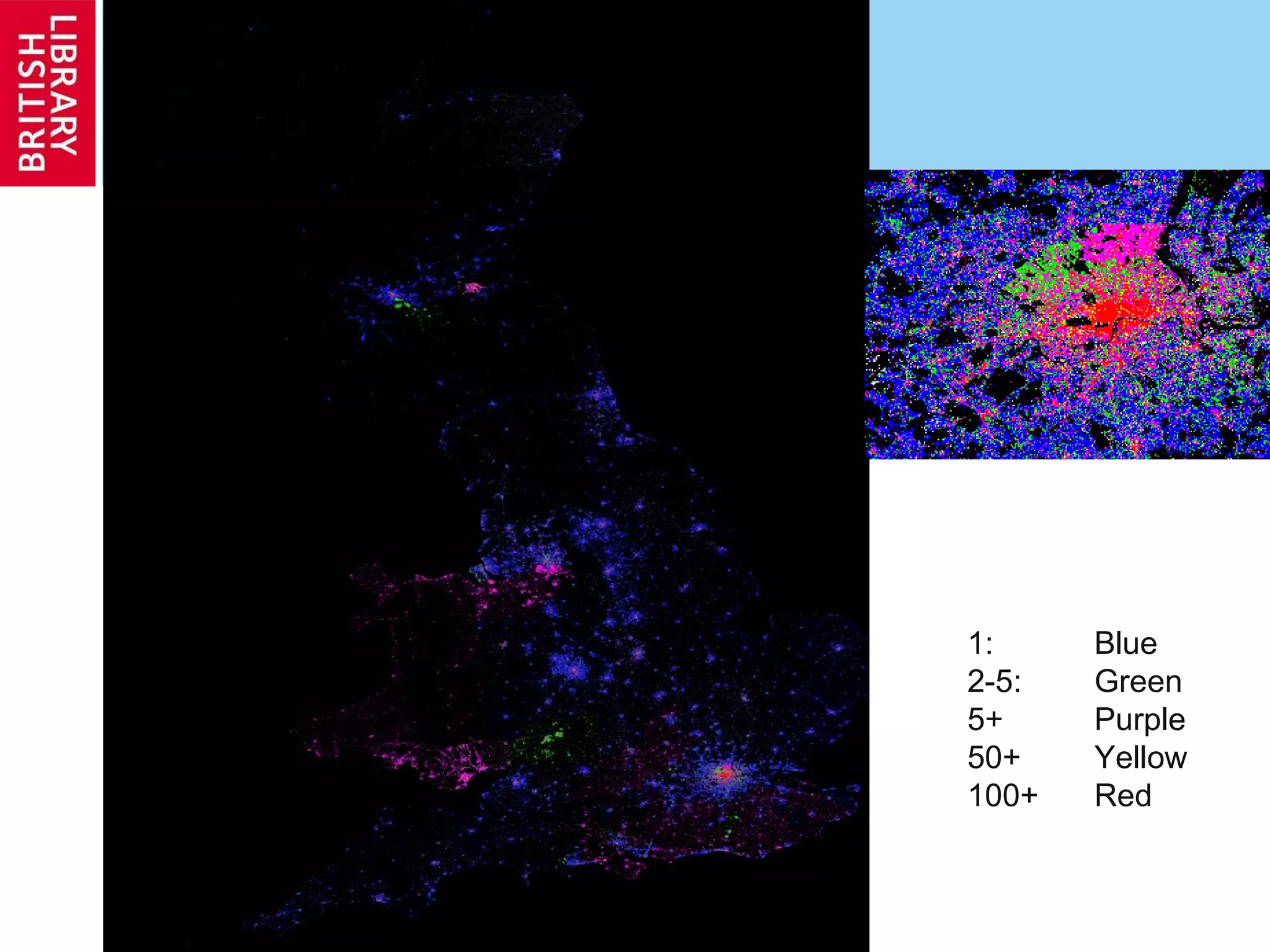 1: Blue 2-5: Green 5+ Purple 50+ Yellow 100+ Red 