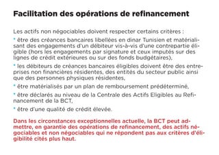 Facilitation des opérations de refinancement
Les actifs non négociables doivent respecter certains critères :
* être des créances bancaires libellées en dinar Tunisien et matériali-
sant des engagements d’un débiteur vis-à-vis d’une contrepartie éli-
gible (hors les engagements par signature et ceux imputés sur des
lignes de crédit extérieures ou sur des fonds budgétaires),
* les débiteurs de créances bancaires éligibles doivent être des entre-
prises non financières résidentes, des entités du secteur public ainsi
que des personnes physiques résidentes,
* être matérialisés par un plan de remboursement prédéterminé,
* être déclarés au niveau de la Centrale des Actifs Eligibles au Refi-
nancement de la BCT,
* être d’une qualité de crédit élevée.
Dans les circonstances exceptionnelles actuelle, la BCT peut ad-
mettre, en garantie des opérations de refinancement, des actifs né-
gociables et non négociables qui ne répondent pas aux critères d’éli-
gibilité cités plus haut.
 