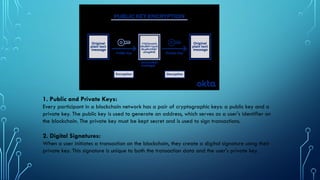 1. Public and Private Keys:
Every participant in a blockchain network has a pair of cryptographic keys: a public key and a
private key. The public key is used to generate an address, which serves as a user's identifier on
the blockchain. The private key must be kept secret and is used to sign transactions.
2. Digital Signatures:
When a user initiates a transaction on the blockchain, they create a digital signature using their
private key. This signature is unique to both the transaction data and the user's private key.
 