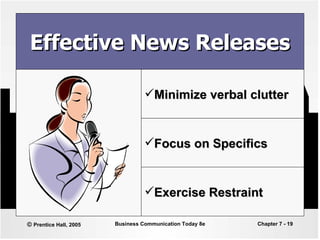 Effective News Releases Minimize verbal clutter Focus on Specifics Exercise Restraint 