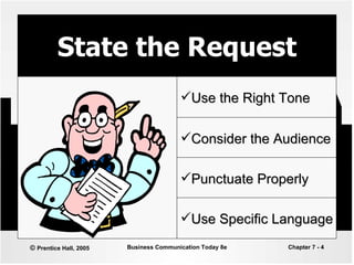 State the Request Use the Right Tone Consider the Audience Punctuate Properly Use Specific Language 