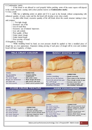 Bakeryand confectionery technology |Vol.1PreparedBY:- Mohit Jindal 26
8. Condensation marks
the water vapors will deposit
in the crumb structure causing dark colour patches known as Condensation marks.
9. Close crumb
used in the formula without compensating with
enhanced quantity of yeast, water and fat, the bread will develop a very close crumb.
crumb structure making it close
and compact.
ight dough.
10.Irregularity of shape.
by hand, an even pressure should be applied so that a moulded piece of
dough has an even appearance. Expansion during proving of such piece of dough will be even and resultant
bread will have regularity of shape.
.
 