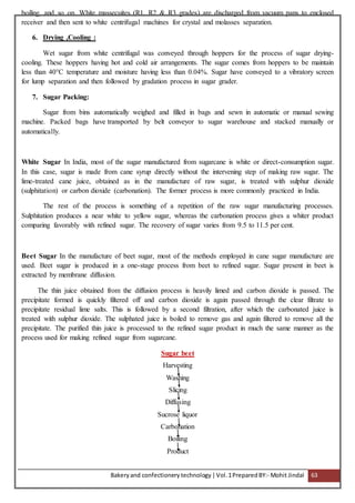 Bakeryand confectionery technology |Vol.1PreparedBY:- Mohit Jindal 63
boiling, and so on. White massecuites (R1, R2 & R3 grades) are discharged from vacuum pans to enclosed
receiver and then sent to white centrifugal machines for crystal and molasses separation.
6. Drying ,Cooling :
Wet sugar from white centrifugal was conveyed through hoppers for the process of sugar drying-
cooling. These hoppers having hot and cold air arrangements. The sugar comes from hoppers to be maintain
less than 40°C temperature and moisture having less than 0.04%. Sugar have conveyed to a vibratory screen
for lump separation and then followed by gradation process in sugar grader.
7. Sugar Packing:
Sugar from bins automatically weighed and filled in bags and sewn in automatic or manual sewing
machine. Packed bags have transported by belt conveyor to sugar warehouse and stacked manually or
automatically.
White Sugar In India, most of the sugar manufactured from sugarcane is white or direct-consumption sugar.
In this case, sugar is made from cane syrup directly without the intervening step of making raw sugar. The
lime-treated cane juice, obtained as in the manufacture of raw sugar, is treated with sulphur dioxide
(sulphitation) or carbon dioxide (carbonation). The former process is more commonly practiced in India.
The rest of the process is something of a repetition of the raw sugar manufacturing processes.
Sulphitation produces a near white to yellow sugar, whereas the carbonation process gives a whiter product
comparing favorably with refined sugar. The recovery of sugar varies from 9.5 to 11.5 per cent.
Beet Sugar In the manufacture of beet sugar, most of the methods employed in cane sugar manufacture are
used. Beet sugar is produced in a one-stage process from beet to refined sugar. Sugar present in beet is
extracted by membrane diffusion.
The thin juice obtained from the diffusion process is heavily limed and carbon dioxide is passed. The
precipitate formed is quickly filtered off and carbon dioxide is again passed through the clear filtrate to
precipitate residual lime salts. This is followed by a second filtration, after which the carbonated juice is
treated with sulphur dioxide. The sulphated juice is boiled to remove gas and again filtered to remove all the
precipitate. The purified thin juice is processed to the refined sugar product in much the same manner as the
process used for making refined sugar from sugarcane.
Sugar beet
Harvesting
Washing
Slicing
Diffusing
Sucrose liquor
Carbonation
Boiling
Product
 