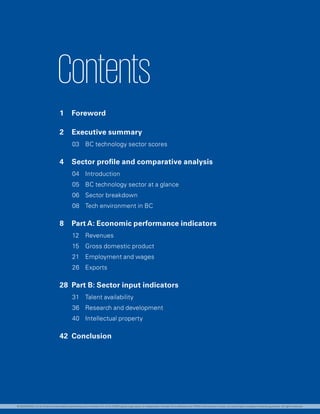 Contents
1	Foreword
2	 Executive summary
03	 BC technology sector scores
4	 Sector profile and comparative analysis
04	Introduction
05	 BC technology sector at a glance
06	 Sector breakdown
08	 Tech environment in BC
8	 Part A: Economic performance indicators
12	Revenues
15	 Gross domestic product
21	 Employment and wages
26	Exports
28	 Part B: Sector input indicators
31	 Talent availability
36	 Research and development
40	 Intellectual property
42	Conclusion
© 2020 KPMG LLP, an Ontario limited liability partnership and a member firm of the KPMG global organization of independent member firms affiliated with KPMG International Limited, a private English company limited by guarantee. All rights reserved.
 