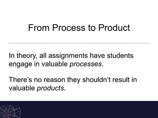 From Process to Product
In theory, all assignments have students
engage in valuable processes.
There’s no reason they shouldn’t result in
valuable products.
 