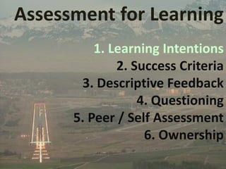 Assessment for Learning
          1. Learning Intentions
              2. Success Criteria
       3. Descriptive Feedback
                  4. Questioning
      5. Peer / Self Assessment
                   6. Ownership
 