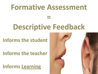 Formative Assessment
              =
    Descriptive Feedback
Informs the student

Informs the teacher

Informs Learning
 
