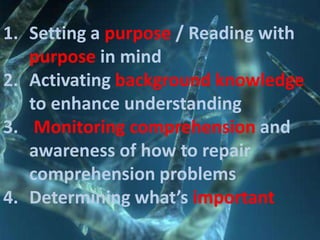 1. Setting a purpose / Reading with
   purpose in mind
2. Activating background knowledge
   to enhance understanding
3. Monitoring comprehension and
   awareness of how to repair
   comprehension problems
4. Determining what’s important
 