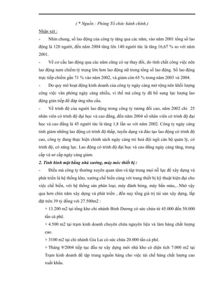 ( * Nguồn : Phòng Tổ chức hành chính.)
Nhận xét :
-     Nhìn chung, số lao động của công ty tăng qua các năm, vào năm 2001 tổng số lao
động là 120 người, đến năm 2004 tăng lên 140 người tức là tăng 16,67 % so với năm
2001.
-     Về cơ cấu lao động qua các năm cũng có sự thay đổi, do tính chất công việc nên
lao động nam chiếm tỷ trọng lớn hơn lao động nữ trong tổng số lao động. Số lao động
trực tiếp chiếm gần 71 % vào năm 2002, và giảm còn 65 % trong năm 2003 và 2004.
-     Do quy mô hoạt động kinh doanh của công ty ngày càng mở rộng nên khối lượng
công việc văn phòng ngày càng nhiều, vì thế mà công ty đã bổ sung lực lượng lao
động gián tiếp để đáp ứng nhu cầu.
-     Về trình độ của người lao động trong công ty tương đối cao, năm 2002 chỉ 25
nhân viên có trình độ đại học và cao đẳng, đến năm 2004 số nhân viên có trình độ đại
học và cao đẳng là 45 người tức là tăng 1,8 lần so với năm 2002. Công ty ngày càng
tinh giảm những lao động có trình độ thấp, tuyển dụng và đào tạo lao động có trình độ
cao, công ty đang thực hiện chính sách ngày càng trẻ hoá đội ngũ cán bộ quản lý, có
trình độ, có năng lực. Lao động có trình độ đại học và cao đẳng ngày càng tăng, trung
cấp và sơ cấp ngày càng giảm.
2. Tình hình mặt bằng nhà xưởng, máy móc thiết bị :
-     Điều mà công ty thường xuyên quan tâm và tập trung mọi nỗ lực để xây dựng và
phát triển là hệ thống kho, xưởng chế biến cùng với trang thiết bị kỹ thuật hiện đại cho
việc chế biến, với hệ thống sàn phân loại, máy đánh bóng, máy bắn màu,...Nhờ vậy
qua hơn chín năm xây dựng và phát triển , đến nay tổng giá trị tài sản xây dựng, lắp
đặt trên 39 tỷ đồng với 27.500m2 :
    + 13.200 m2 tại tổng kho chi nhánh Bình Dương có sức chứa từ 45.000 đến 50.000
    tấn cà phê.
    + 4.500 m2 tại trạm kinh doanh chuyên chứa nguyên liệu và làm hàng chất lượng
    cao.
    + 3100 m2 tại chi nhánh Gia Lai có sức chứa 20.000 tấn cà phê.
    + Tháng 9/2004 tiếp tục đầu tư xây dựng mới nhà kho có diện tích 7.000 m2 tại
    Trạm kinh doanh để tập trung nguồn hàng cho việc tái chế hàng chất lượng cao
    xuất khẩu.
 