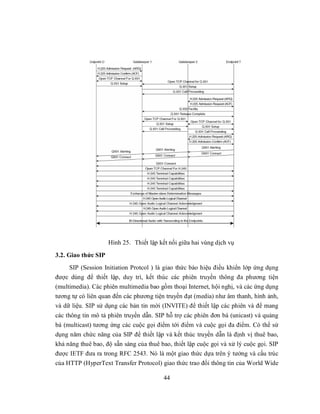 Hình 25. Thiết lập kết nối giữa hai vùng dịch vụ
3.2. Giao thức SIP
     SIP (Session Initiation Protcol ) là giao thức báo hiệu điều khiển lớp ứng dụng
được dùng để thiết lập, duy trì, kết thúc các phiên truyền thông đa phương tiện
(multimedia). Các phiên multimedia bao gồm thoại Internet, hội nghị, và các ứng dụng
tương tự có liên quan đến các phương tiện truyền đạt (media) như âm thanh, hình ảnh,
và dữ liệu. SIP sử dụng các bản tin mời (INVITE) để thiết lập các phiên và để mang
các thông tin mô tả phiên truyền dẫn. SIP hỗ trợ các phiên đơn bá (unicast) và quảng
bá (multicast) tương ứng các cuộc gọi điểm tới điểm và cuộc gọi đa điểm. Có thể sử
dụng năm chức năng của SIP để thiết lập và kết thúc truyền dẫn là định vị thuê bao,
khả năng thuê bao, độ sẵn sàng của thuê bao, thiết lập cuộc gọi và xử lý cuộc gọi. SIP
được IETF đưa ra trong RFC 2543. Nó là một giao thức dựa trên ý tưởng và cấu trúc
của HTTP (HyperText Transfer Protocol) giao thức trao đổi thông tin của World Wide

                                          44
 