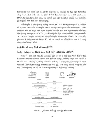 bản tin cấp phát chính sách của các IP endpoint. SG cũng có thể thực hiện được chức
năng chuyển dịch nhãn toàn cầu (Global Title Translation) để chỉ ra đích của bản tin
SCCP. SG định tuyến trên nhãn, các chữ số xuất hiện trong bản tin đầu vào, như số bị
gọi hoặc số định danh thuê bao di động.
      Để chuyển tải các dịch vụ hướng kết nối, SCCP và SUA giao tiếp tại SG để liên
kết 2 phiên kết nối cần cho truyền dữ liệu hướng kết nối giữa điểm báo hiệu SS7 và IP
endpoint. Bản tin được định tuyến bởi SG tới điểm báo hiệu dựa trên mã điểm báo
hiệu (trong trường địa chỉ MTP-3) và IP endpoint dựa trên địa chỉ IP (trong mào đầu
SCTP). SUA cũng có thể được sử dụng để chuyển tải thông tin về user SCCP trực tiếp
giữa các IP endpoints hơn là qua SG. SG chỉ cần để kết nối với báo hiệu SS7 trong
mạng chuyển mạch kênh.

4.2.4. Kết nối mạng VoIP với mạng PSTN

4.2.4.1. Cuộc gọi bắt đầu từ mạng VoIP (SIP) và kết thúc tại PSTN
     Chú ý ở mô hình này, ta không đề cập tới sự có mặt của Proxy Server hay
Redirect Server mà coi bản tin báo hiệu SIP đến thẳng Gateway. Thực chất vấn đề là
khi đầu cuối SIP quay số, Proxy Server đã biết đây là cuộc gọi ngoại mạng nên nó sẽ
xác định Gateway thích hợp để thực hiện cuộc gọi. Một chú ý nữa là trong mô hình
này, Gateway đóng vai trò vừa là Media gateway và Signaling Gateway.




                    Hình 42. Quá trình thiết lập cuộc gọi SIP-PSTN


                                         69
 
