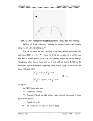 §å ¸n tèt nghiÖp                                        NguyÔn Th¸i Häc - Líp T§H 46




 H×nh 2-2 S¬ ®å cña lùc t¸c dông lªn giät n−íc vµ quü ®¹o chuyÓn ®éng
      §Ó lo¹i trõ thµnh phÇn quay cña dßng tia phun r¬i tù do ta xÐt chuyÓn
®éng cña nã trªn mÆt ph¼ng XOY.
      Khi rêi vßi phun, h¹t m−a vËn ®éng trong kh«ng khÝ vµ nã chÞu lùc c¶n
cña kh«ng khÝ ( D = Cv * V2 ) träng lùc G vµ lùc c¶n cña giã V t¹i khu vùc
t−íi. Gi¶ sö vËn tèc giã cã gi¸ trÞ lµ V vµ cã ph−¬ng song song víi trôc OX t¹o
víi ph−¬ng phun tia cña n−íc mét gãc θ nh− h×nh vÏ H×nh 2-2. Th× khi ®ã
theo ®Þnh luËt II Newton ta cã ph−¬ng tr×nh chuyÓn ®éng cña chÊt ®iÓm M
trong hÖ to¹ ®é XOY:
                   ⎧ d 2 .x             V2
                   ⎪ m 2 = −Cv.ρ 2 .S .    . cos θ
                   ⎪  dt                 2
                   ⎨                                          (2-16).
                   ⎪ d 2 .y                   V2
                   ⎪m 2 = − mg ± Cv.ρ 2 .S .       . sin θ
                   ⎩ dt                        2

Trong ®ã :
      m - Khèi l−îng giät m−a.
      V - VËn tèc r¬i cña h¹t.
      Y - Tung ®é (Gi¶ sö trôc OY h−íng xuèng d−íi vµ gèc to¹ ®é lµ ®iÓm
h¹t m−a b¾t ®Çu r¬i.
       g - Gia tèc r¬i tù do.
     Cv - HÖ sè c¶n cña h¹t m−a khi chuyÓn ®éng.


Khoa C¬ §iÖn                              - 27 -              Tr−êng §HNN I - Hμ Néi
 