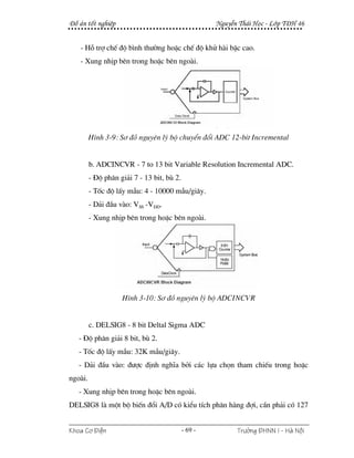 §å ¸n tèt nghiÖp                                     NguyÔn Th¸i Häc - Líp T§H 46


   - Hç trî chÕ ®é b×nh th−êng hoÆc chÕ ®é khö hµi bËc cao.
   - Xung nhÞp bªn trong hoÆc bªn ngoµi.




         H×nh 3-9: S¬ ®å nguyªn lý bé chuyÓn ®æi ADC 12-bit Incremental


         b. ADCINCVR - 7 to 13 bit Variable Resolution Incremental ADC.
         - §é ph©n gi¶i 7 - 13 bit, bï 2.
         - Tèc ®é lÊy mÉu: 4 - 10000 mÉu/gi©y.
         - D¶i ®Çu vµo: VSS -VDD.
         - Xung nhÞp bªn trong hoÆc bªn ngoµi.




                    H×nh 3-10: S¬ ®å nguyªn lý bé ADCINCVR


         c. DELSIG8 - 8 bit Deltal Sigma ADC
   - §é ph©n gi¶i 8 bit, bï 2.
   - Tèc ®é lÊy mÉu: 32K mÉu/gi©y.
   - D¶i ®Çu vµo: ®−îc ®Þnh nghÜa bëi c¸c lùa chän tham chiÕu trong hoÆc
ngoµi.
   - Xung nhÞp bªn trong hoÆc bªn ngoµi.
DELSIG8 lµ mét bé biÕn ®æi A/D cã kiÓu tÝch ph©n hµng ®îi, cÇn ph¶i cã 127


Khoa C¬ §iÖn                                - 69 -         Tr−êng §HNN I - Hμ Néi
 