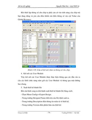 §å ¸n tèt nghiÖp                                 NguyÔn Th¸i Häc - Líp T§H 46


   Khi thiÕt lËp th«ng sè cho chip ta ph¶i c¨n cø vµo tÝnh n¨ng cña chip mµ
b¹n ®ang dïng vµ yªu cÇu ®iÒu khiÓn mµ ®iÒn th«ng sè vµo cét Value cña
Global Resource




               H×nh 3-18: Cöa sæ kÕt nèi ch©n vµ th«ng sè cho chip.
   4. KÕt nèi c¸c User Module
   ViÖc kÕt nèi c¸c User Module ®−îc thùc hiÖn th«ng qua c¸c ®Çu vµo ra
cña c¸c khèi chøc n¨ng n¾m gi÷ c¸c User Module vµ th«ng qua mét ®−êng
bus chung.
   5. XuÊt thiÕt kÕ thµnh file
   Khi cÊu h×nh xong ta tiÕn hµnh xuÊt thiÕt kÕ thµnh file b»ng c¸ch:
   - Chän Menu Config>>Export Design.
   - Trong tr−êng Designed Name ®iÒn tªn cña file ®Þnh xuÊt ra.
   - Trong tr−êng Description ®iÒn th«ng tin miªu t¶ vÒ thiÕt kÕ.
   - Trong tr−êng Version ®iÒn phiªn b¶n cña thiÕt kÕ.


Khoa C¬ §iÖn                          - 78 -             Tr−êng §HNN I - Hμ Néi
 