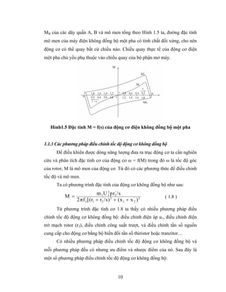 MB của các dây quấn A, B và mô men tổng theo Hình 1.5 ta, đường đặc tính
mô men của máy điện không đồng bộ một pha có tính chất đối xứng, cho nên
động cơ có thể quay bất cứ chiều nào. Chiều quay thực tế của động cơ điện
một pha chủ yếu phụ thuộc vào chiều quay của bộ phận mở máy.




   Hình1.5 Đặc tính M = f(s) của động cơ điện không đồng bộ một pha


1.1.3 Các phương pháp điều chỉnh tốc độ động cơ không đồng bộ
      Để điều khiển được dòng năng lượng đưa ra trục động cơ ta cần nghiên
cứu và phân tích đặc tính cơ của động cơ ω = f(M) trong đó ω là tốc độ góc
của rotor, M là mô men của động cơ. Từ đó có các phương thức để điều chỉnh
tốc độ và mô men.
      Ta có phương trình đặc tính của động cơ không đồng bộ như sau:
                         m 1 U 1 pr2' /s
                                 2
          M =                                                ( 1.8 )
              2πf s [(r1 + r2' /s) 2 + (x 1 + x '2 ) 2
      Từ phương trình đặc tính cơ 1.8 ta thấy có nhiều phương pháp điều
chỉnh tốc độ động cơ không đồng bộ: điều chỉnh điện áp u1, điều chỉnh điện
trở mạch rotor (r2), điều chỉnh công suất trượt, và điều chỉnh tần số nguồn
cung cấp cho động cơ bằng bộ biến đổi tần số thiristor hoặc tranzitor…
      Có nhiều phương pháp điều chỉnh tốc độ động cơ không đồng bộ và
mỗi phương pháp đều có nhưng ưu điểm và nhược điểm của nó. Sau đây là
một số phương pháp điều chỉnh tốc độ động cơ không đồng bộ:


                                         10
 