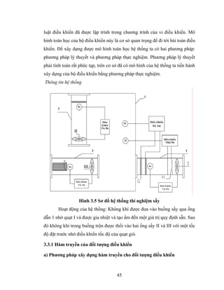luật điều khiển đã được lập trình trong chương trình của vi điều khiển. Mô
hình toán học của bộ điều khiển này là cơ sở quan trọng để đi tới bài toán điều
khiển. Để xây dựng được mô hình toán học hệ thống ta có hai phương pháp:
phương pháp lý thuyết và phương pháp thực nghiệm. Phương pháp lý thuyết
phải tính toán rất phức tạp, trên cơ sở đã có mô hình của hệ thống ta tiến hành
xây dựng của bộ điều khiển bằng phương pháp thực nghiệm.
Thông tin hệ thống




                  Hình 3.5 Sơ đồ hệ thống thí nghiệm sấy
       Hoạt động của hệ thống: Không khí được đưa vào buồng sấy qua ống
dẫn 1 nhờ quạt I và được gia nhiệt và tạo ẩm đến một giá trị quy định sẵn. Sau
đó không khí trong buồng trộn được thổi vào hai ống sấy II và III với một tốc
độ đặt trước nhờ điều khiển tốc độ của quạt gió.

3.3.1 Hàm truyền của đối tượng điều khiển

a) Phương pháp xây dựng hàm truyền cho đối tượng điều khiển



                                      45
 