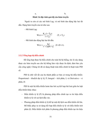 a,                                          b,
                   Hình 3.6 đặc tính quá độ của hàm truyền

         Ngoài ra còn có các mô hình Lag, và mô hình dao động bậc hai tắt
dần. Dạng hàm truyền của nó như sau:

         - Mô hình Lag:

                                    K dt (1 + Tt s)
                           W(s) =                     (Tt < Tm)
                                      1 + Tms
         - Mô hình dao động bậc hai tắt dần:
                                          kq 2
                           W(s) =                   (0 <D <1).
                                    s2 + 2qDs + q 2



3.3.2 Tổng hợp bộ điều chỉnh

        Để tổng hợp được bộ điều chỉnh cho toàn bộ hệ thống, tức là xây dựng
được các hàm truyền sao cho hệ thống làm việc được ổn định, đảm bảo yêu
cầu công nghệ. Chúng tôi đã sử dụng thuật toán điều chỉnh là thuật toán PID
số.

        PID là chữ viết tắt của ba thành phần cơ bản có trong bộ điều khiển:
Proportional – khuếch đại tỷ lệ, P; Integral – tích phân, I; và Derivative – vi
phân, D.

        PID là một bộ điều khiển hoàn hảo bởi sự kết hợp hài hoà giữa ba luật
điều khiển khác nhau:

      - Điều khiển tỷ lệ (P) là phương pháp điều chỉnh tạo ra tín hiệu điều
         khiển tỷ lệ với sai lệch đầu vào.

      - Phương pháp điều khiển tỷ lệ để lại một độ lệch sau điều khiển rất lớn.
         Để khắc phục ta sử dụng kết hợp điều khiển tỷ lệ với điều khiển tích
         phân (I). Điều khiển tích phân là phương pháp điều khiển tạo tín hiệu


                                              51
 