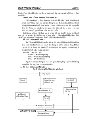 Chuyªn ®Ò thùc tËp tèt nghiÖp.                                           Trang 24

  doanh. Cuối tháng kế toán các đơn vị trực thuộc lập báo cáo gửi về Công ty theo
  quy định.
        c.Hình thức kế toán đang áp dụng Công ty :
             Hiện nay Công ty đang áp dụng hình thức kế toán “Nhật ký chứng từ
       có cải biên”.Hằng ngày căn cứ vào chứng từ gốc đã kiểm tra, kế toán lấy số
       liệu ghi vào tờ kê chi tiết hoặc sổ thẻ kế toán có liên quan đến đối tượng cần
       theo dõi. Riêng các nghiệp vụ liên quan đến tiền mặt thì kế toán còn phải
       theo dõi vào sổ quỹ để tiện kiểm tra, đôí chiếu.
         Cuối tháng kế toán tập hợp các tờ kê chi tiết lên nhật ký chứng từ, lấy số
  tổng ghi vào sổ cái, lập các báo cáo kế toán như : Bảng cân đối kế toán , báo
  cáo kết quả hoạt động kinh doanh, thuyết minh báo cáo tài chính.
     1. Tổ chức chứng từ kế toán :
            Tại Công ty khi bán hàng cho đơn vị nội bộ, đại lý hay các khách hàng
       theo hình thức bán buôn hay bán lẻ thì chứng từ mà kế toán sử dụng để làm
       căn cứ ghi sổ doanh thu và các sổ có liên quan đến nghiệp vụ bán hàng là
       hoá đơn GTGT kiêm phiếu xuất kho.
         Hoá đơn GTGT có 3 liên
               Liên 1 : Lưu tại văn phòng
               Liên2 : Giao cho khách hàng
               Liên3 : Để thanh toán
            Ngoài ra có các chứng từ khác liên quan đến nghiệp vụ mua bán hàng
       như phiếu thu, giấy báo có của ngân hàng.
     2. Tổ chức hệ thống sổ kế toán :
                      Sơ đồ trình tự ghi sổ kế toán tại công ty

                                    Chứng từ gốc


     Sổ quỹ                             Bảng tổng hợp                Sổ chi tiết
                                        chứng từ gốc



                                                                   Bảng tổng hợp
                               Chứng từ ghi sổ                   chi tiết
  Sổ đăng ký
chứng từ ghi sổ
                                        Sổ cái



                             Bảng cân đối kế toán


   Svth: Liªn V¨n Choang
                             Báo cáo kế toán
 