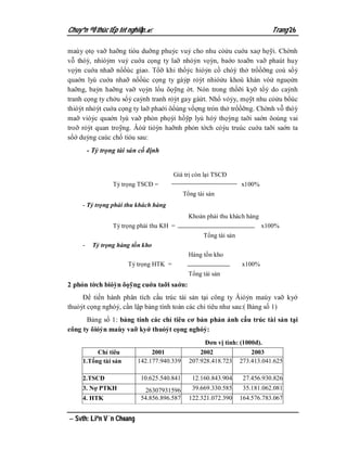 Chuyªn ®Ò thùc tËp tèt nghiÖp.                                               Trang 26

maùy ọtọ vaỡ haỡng tióu duỡng phuỷc vuỷ cho nhu cỏửu cuớa xaợ họỹi. Chờnh
vỗ thóỳ, nhióỷm vuỷ cuớa cọng ty laỡ nhỏỷn vọỳn, baớo toaỡn vaỡ phaùt huy
vọỳn cuớa nhaỡ nổồùc giao. Tổỡ khi thổỷc hióỷn cồ chóỳ thở trổồỡng coù sổỷ
quaớn lyù cuớa nhaỡ nổồùc cọng ty gàỷp rỏỳt nhióửu khoù khàn vóử nguọửn
haỡng, baỷn haỡng vaỡ vọỳn lổu õọỹng ờt. Nón trong thồỡi kyỡ tổỷ do caỷnh
tranh cọng ty chởu sổỷ caỷnh tranh rỏỳt gay gàừt. Nhổ vỏỷy, mọỹt nhu cỏửu bổùc
thióỳt nhỏỳt cuớa cọng ty laỡ phaới õổùng vổợng trón thở trổồỡng. Chờnh vỗ thóỳ
maỡ vióỷc quaớn lyù vaỡ phỏn phọỳi hồỹp lyù hóỷ thọỳng taỡi saớn õoùng vai
troỡ rỏỳt quan troỹng. Âóứ tióỳn haỡnh phỏn tờch cỏỳu truùc cuớa taỡi saớn ta
sổớ duỷng caùc chố tióu sau:
         - Tỷ trọng tài sản cố định


                                        Giá trị còn lại TSCĐ
                  Tỷ trọng TSCĐ =                                  x100%
                                             Tổng tài sản
     - Tỷ trọng phải thu khách hàng
                                               Khoản phải thu khách hàng
                  Tỷ trọng phải thu KH =                                   x100%
                                                    Tổng tài sản
     -     Tỷ trọng hàng tồn kho
                                               Hàng tồn kho
                       Tỷ trọng HTK =                              x100%
                                               Tổng tài sản
2 phỏn tờch bióỳn õọỹng cuớa taỡi saớn:
     Để tiến hành phân tích cấu trúc tài sản tại công ty Âióỷn maùy vaỡ kyớ
thuỏỷt cọng nghóỷ, cần lập bảng tính toán các chỉ tiêu như sau:( Bảng số 1)
      Bảng số 1: bảng tính các chỉ tiêu cơ bản phản ảnh cấu trúc tài sản tại
công ty õióỷn maùy vaỡ kyớ thuỏỷt cọng nghóỷ:
                                                     Đơn vị tính: (1000đ).
          Chỉ tiêu              2001               2002                2003
     1.Tổng tài sản        142.177.940.339     207.928.418.723     273.413.041.625

     2.TSCĐ                 10.625.540.841      12.160.843.904      27.456.930.826
     3. Nợ PTKH              26307931596        39.669.330.585      35.181.062.081
     4. HTK                 54.856.896.587     122.321.072.390     164.576.783.067


 Svth: Liªn V¨n Choang
 
