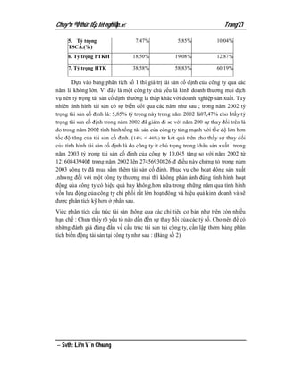 Chuyªn ®Ò thùc tËp tèt nghiÖp.                                           Trang 27

     5. Tỷ trọng                   7,47%             5,85%             10,04%
     TSCÂ.(%)
     6. Tỷ trọng PTKH             18,50%            19,08%             12,87%

     7. Tỷ trọng HTK              38,58%            58,83%             60,19%

       Dựa vào bảng phân tích số 1 thì giá trị tài sản cố định của công ty qua các
năm là không lớn. Vì đây là một công ty chủ yếu là kinh doanh thương mại dịch
vụ nên tỷ trọng tài sản cố định thường là thấp khác với doanh nghiệp sản xuất. Tuy
nhiên tình hình tài sản có sự biến đổi qua các năm như sau ; trong năm 2002 tỷ
trọng tài sản cố định là: 5,85% tỷ trọng này trong năm 2002 là07,47% cho htấy tỷ
trọng tài sản cố định trong năm 2002 đã giảm đi so với năm 200 sự thay đổi trên là
do trong năm 2002 tình hình tổng tài sản của công ty tăng mạnh với tốc dộ lớn hơn
tốc độ tăng của tài sản cố định. (14% < 46%) từ kết quả trên cho thấy sự thay đổi
của tình hình tài sản cố định là do công ty ít chú trọng trong khâu sản xuất . trong
năm 2003 tỷ trọng tài sản cố định của công ty 10,045 tăng so với năm 2002 từ
12160843940đ trong năm 2002 lên 27456930826 đ điều này chứng tỏ trong năm
2003 công ty đã mua sắm thêm tài sản cố định. Phục vụ cho hoạt động sản xuất
.nhwng đối với một công ty thương mại thì không phản ảnh đúng tình hình hoạt
động của công ty có hiệu quả hay không.hơn nữa trong những năm qua tình hình
vốn lưu động của công ty chi phối rất lớn hoạt đông và hiệu quả kinh doanh và sẽ
được phân tích kỹ hơn ở phần sau.
Việc phân tích cấu trúc tài sản thông qua các chỉ tiêu cơ bản như trên còn nhiều
hạn chế : Chưa thấy rõ yếu tố nào dẫn đến sự thay đổi của các tỷ số. Cho nên để có
những đánh giá đúng đắn về cấu trúc tài sản tại công ty, cần lập thêm bảng phân
tích biến động tài sản tại công ty như sau : (Bảng số 2)




 Svth: Liªn V¨n Choang
 