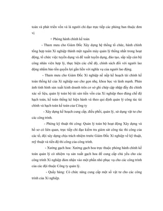 toàn và phát triển vốn và là người chỉ đạo trực tiếp các phòng ban thuộc đơn
vị
             + Phòng hành chính kế toán
       - Tham mưu cho Giám Đốc Xây dựng hệ thống tổ chức, hành chính
tổng hợp toàn Xí nghiệp thành một nguồn máy quản lý thống nhất trong hoạt
động, tổ chức việc tuyển dụng và đề xuất tuyển dụng, đào tạo, sắp xếp cán bộ
công nhân viên hợp lý, thực hiện các chế độ, chính sách đối với người lao
động nhằm bảo tồn quyền lợi gắn liền với nghĩa vụ của người lao động.
       - Tham mưu cho Giám Đốc Xí nghiệp nề nếp kế hoạch tài chính kế
toán thống kê của Xí nghiệp sao cho gọn nhẹ, khoa học và lành mạnh. Phản
ánh tình hình sản xuất kinh doanh trên cơ sở ghi chép cập nhập đầy đủ chính
xác số liệu, quản lý toàn bộ tài sản tiền vốn của Xí nghiệp theo đúng chế độ
hạch toán, kế toán thống kê hiện hành và theo qui định quản lý công tác tài
chính và hạch toán kế toán của Công ty
        - Xây dựng kế hoạch cung cấp, điều phối, quản lý, sử dụng vật tư cho
các công trình.
        - Phòng kỹ thuật thi công: Quản lý toàn bộ hoạt động Xây dựng và
hồ sơ có liên quan, trực tiếp chỉ đạo kiểm tra giám sát công tác thi công của
các tổ, đội xây dựng chịu trách nhiệm trước Giám Đốc Xí nghiệp về kỹ thuật,
mỹ thuật và tiến độ thi công của công trình.
         - Xưởng gạch hoa: Xưởng gạch hoa trực thuộc phòng hành chính kế
toán quản lý có nhiệm vụ sản xuất gạch hoa để cung cấp chủ yếu cho các
công trình Xí nghiệp đảm nhận vào một phần nhỏ phục vụ cho các công trình
của các đội thuộc Công ty quản lý.
          - Quầy hàng: Có chức năng cung cấp một số vật tư cho các công
trình của Xí nghiệp.
 