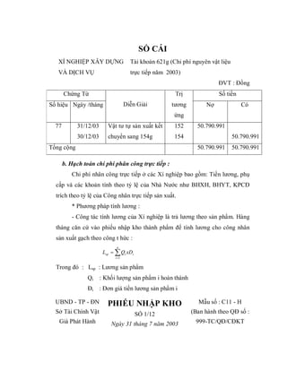 SỔ CÁI
   XÍ NGHIỆP XÂY DỰNG                 Tài khoản 621g (Chi phí nguyên vật liệu
   VÀ DỊCH VỤ                         trực tiếp năm 2003)
                                                                        ĐVT : Đồng
       Chứng Từ                                        Trị              Số tiền
Số hiệu Ngày /tháng                 Diễn Giải         tương        Nợ              Có
                                                       ứng
  77        31/12/03      Vật tư tự sản xuất kết       152      50.790.991
            30/12/03      chuyển sang 154g             154                      50.790.991
Tổng cộng                                                       50.790.991      50.790.991

       b. Hạch toán chi phí phân công trực tiếp :
          Chi phí nhân công trực tiếp ở các Xí nghiệp bao gồm: Tiền lương, phụ
  cấp và các khoản tính theo tỷ lệ của Nhà Nước như BHXH, BHYT, KPCĐ
  trích theo tỷ lệ của Công nhân trực tiếp sản xuất.
          * Phương pháp tính lương :
          - Công tác tính lương của Xí nghiệp là trả lương theo sản phẩm. Hàng
  tháng căn cứ vào phiếu nhập kho thành phẩm để tính lương cho công nhân
  sản xuất gạch theo công t hức :
                              n
                        Lsp   Qi xDi
                             i 1


  Trong đó : Lsp : Lương sản phẩm
                Qi     : Khối lượng sản phẩm i hoàn thành
                Đi : Đơn giá tiền lương sản phẩm i

  UBND - TP - ĐN          PHIẾU NHẬP KHO                        Mẫu số : C11 - H
  Sở Tài Chính Vật                       SỐ 1/12              (Ban hành theo QĐ số :
   Giá Phát Hành           Ngày 31 tháng 7 năm 2003            999-TC/QĐ/CĐKT
 