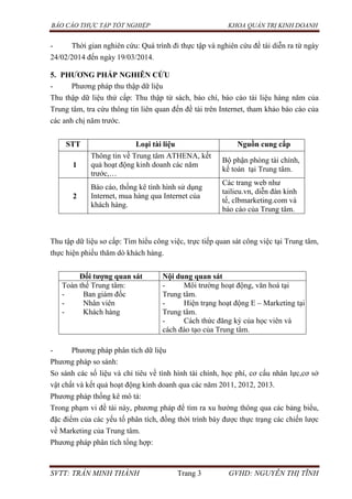 BÁO CÁO THỰC TẬP TỐT NGHIỆP KHOA QUẢN TRỊ KINH DOANH
SVTT: TRẦN MINH THÀNH Trang 3 GVHD: NGUYỄN THỊ TĨNH
- Thời gian nghiên cứu: Quá trình đi thực tập và nghiên cứu đề tài diễn ra từ ngày
24/02/2014 đến ngày 19/03/2014.
5. PHƢƠNG PHÁP NGHIÊN CỨU
- Phương pháp thu thập dữ liệu
Thu thập dữ liệu thứ cấp: Thu thập từ sách, báo chí, báo cáo tài liệu hàng năm của
Trung tâm, tra cứu thông tin liên quan đến đề tài trên Internet, tham khảo báo cáo của
các anh chị năm trước.
STT Loại tài liệu Nguồn cung cấp
1
Thông tin về Trung tâm ATHENA, kết
quả hoạt động kinh doanh các năm
trước,…
Bộ phận phòng tài chính,
kế toán tại Trung tâm.
2
Báo cáo, thống kê tình hình sử dụng
Internet, mua hàng qua Internet của
khách hàng.
Các trang web như
tailieu.vn, diễn đàn kinh
tế, clbmarketing.com và
báo cáo của Trung tâm.
Thu tập dữ liệu sơ cấp: Tìm hiểu công việc, trực tiếp quan sát công việc tại Trung tâm,
thực hiện phiếu thăm dò khách hàng.
Đối tƣợng quan sát Nội dung quan sát
Toàn thể Trung tâm:
- Ban giám đốc
- Nhân viên
- Khách hàng
- Môi trường hoạt động, văn hoá tại
Trung tâm.
- Hiện trạng hoạt động E – Marketing tại
Trung tâm.
- Cách thức đăng ký của học viên và
cách đào tạo của Trung tâm.
- Phương pháp phân tích dữ liệu
Phương pháp so sánh:
So sánh các số liệu và chỉ tiêu về tình hình tài chính, học phí, cơ cấu nhân lực,cơ sở
vật chất và kết quả hoạt động kinh doanh qua các năm 2011, 2012, 2013.
Phương pháp thống kê mô tả:
Trong phạm vi đề tài này, phương pháp để tìm ra xu hướng thông qua các bảng biểu,
đặc điểm của các yếu tố phân tích, đồng thời trình bày được thực trạng các chiến lược
về Marketing của Trung tâm.
Phương pháp phân tích tổng hợp:
 