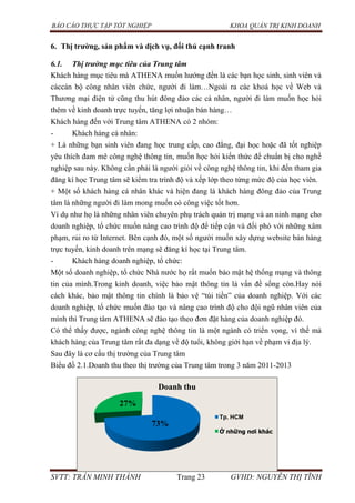 BÁO CÁO THỰC TẬP TỐT NGHIỆP KHOA QUẢN TRỊ KINH DOANH
SVTT: TRẦN MINH THÀNH Trang 23 GVHD: NGUYỄN THỊ TĨNH
6. Thị trƣờng, sản phẩm và dịch vụ, đối thủ cạnh tranh
6.1. Thị trường mục tiêu của Trung tâm
Khách hàng mục tiêu mà ATHENA muốn hướng đến là các bạn học sinh, sinh viên và
cáccán bộ công nhân viên chức, người đi làm…Ngoài ra các khoá học về Web và
Thương mại điện tử cũng thu hút đông đảo các cá nhân, người đi làm muốn học hỏi
thêm về kinh doanh trực tuyến, tăng lợi nhuận bán hàng…
Khách hàng đến với Trung tâm ATHENA có 2 nhóm:
- Khách hàng cá nhân:
+ Là những bạn sinh viên đang học trung cấp, cao đẳng, đại học hoặc đã tốt nghiệp
yêu thích đam mê công nghệ thông tin, muốn học hỏi kiến thức để chuẩn bị cho nghề
nghiệp sau này. Không cần phải là người giỏi về công nghệ thông tin, khi đến tham gia
đăng kí học Trung tâm sẽ kiểm tra trình độ và xếp lớp theo từng mức độ của học viên.
+ Một số khách hàng cá nhân khác và hiện đang là khách hàng đông đảo của Trung
tâm là những người đi làm mong muốn có công việc tốt hơn.
Ví dụ như họ là những nhân viên chuyên phụ trách quản trị mạng và an ninh mạng cho
doanh nghiệp, tổ chức muốn nâng cao trình độ để tiếp cận và đối phó với những xâm
phạm, rủi ro từ Internet. Bên cạnh đó, một số người muốn xây dựng website bán hàng
trực tuyến, kinh doanh trên mạng sẽ đăng kí học tại Trung tâm.
- Khách hàng doanh nghiệp, tổ chức:
Một số doanh nghiệp, tổ chức Nhà nước họ rất muốn bảo mật hệ thống mạng và thông
tin của mình.Trong kinh doanh, việc bảo mật thông tin là vấn đề sống còn.Hay nói
cách khác, bảo mật thông tin chính là bảo vệ “túi tiền” của doanh nghiệp. Với các
doanh nghiệp, tổ chức muốn đào tạo và nâng cao trình độ cho đội ngũ nhân viên của
mình thì Trung tâm ATHENA sẽ đào tạo theo đơn đặt hàng của doanh nghiệp đó.
Có thể thấy được, ngành công nghệ thông tin là một ngành có triển vọng, vì thế mà
khách hàng của Trung tâm rất đa dạng về độ tuổi, không giới hạn về phạm vi địa lý.
Sau đây là cơ cấu thị trường của Trung tâm
Biểu đồ 2.1.Doanh thu theo thị trường của Trung tâm trong 3 năm 2011-2013
Tp. HCM
Ở những nơi khác
27%
73%
Doanh thu
 