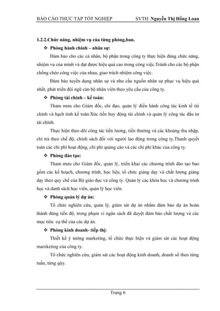 BÁO CÁO THỰC TẬP TỐT NGHIỆP SVTH: Nguyễn Thị Hồng Loan
Trang 6
1.2.2.Chức năng, nhiệm vụ của từng phòng,ban.
 Phòng hành chính – nhân sự:
trong công việc.Tránh cho các bộ phận
chồng chéo công việc của nhau, giao trách nhiệm công việc.
Đảm bảo tuyển dụng nhân sự và nhu cầu nguồn nhân sự phục vụ hiệu quả
nhất, phát triển đội ngũ cán bộ nhân viên theo yêu cầu của công ty.
 Phòng tài chính – kế toán:
.
Thực hiện theo dõi công tác tiền lương, tiền thưởng và các khoảng thu nhập,
chi trả theo chế độ, chính sách đối với người lao động trong công ty.Thanh quyết
toán các chi phí hoạt động, chi phí quảng cáo và các chi phí khác của công ty.
 Phòng đào tạo:
gồm các kế hoạch,
học và danh sách học viên, quản lý học viên.
 Phòng quản lý dự án:
Tổ chức nghiên cứu, quản lý, giám sát dự án n
, trong phạm vi ngân sách đã duyệt đảm bảo chất lượng và các
mục tiêu cụ thể của các dự án.
 Phòng kinh doanh- tiếp thị:
Thiết kế ý tưởng marketing, tổ chức thực hiện và giám sát các hoạt động
mareketing của công ty.
Tổ chức nghiên cứu, giám sát các hoạt động kinh doanh, doanh số theo từng
tuần, từng qúy.
 