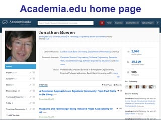 Academia.edu home page 
E.g., bcu.academia.edu/JonathanBowen  