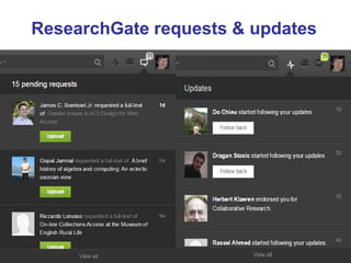 ResearchGate requests & updates 
•Personal publications page  
