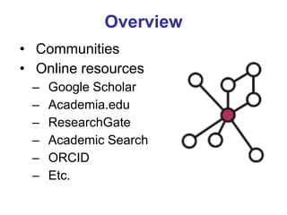 Overview 
•Communities 
•Online resources 
–Google Scholar 
–Academia.edu 
–ResearchGate 
–Academic Search 
–ORCID 
–Etc.  