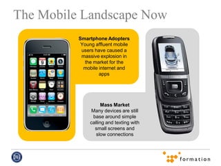The Mobile Landscape Now
          Smartphone Adopters
           Young affluent mobile
           users have caused a
           massive explosion in
            the market for the
            mobile internet and
                   apps




                    Mass Market
              Many devices are still
               base around simple
              calling and texting with
                small screens and
                 slow connections
 
