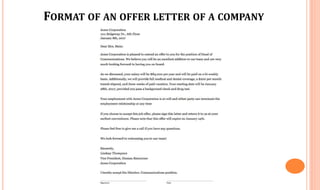 FORMAT OF AN OFFER LETTER OF A COMPANY
 