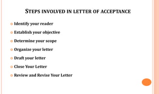 STEPS INVOLVED IN LETTER OF ACCEPTANCE
 Identify your reader
 Establish your objective
 Determine your scope
 Organize your letter
 Draft your letter
 Close Your Letter
 Review and Revise Your Letter
 