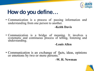 How do you define…
• Communication is a process of passing information and
understanding from one person to another.
-Keith Davis
• Communication is a bridge of meaning. It involves a
systematic and continuous process of telling, listening and
understanding.
-Louis Allen
• Communication is an exchange of facts, ideas, opinions
or emotions by two or more persons.”
-W. H. Newman
 