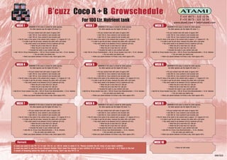 B’cuz z Coco A + B Growschedule                                                                                                                                                          ATAMI
                                                                                                                                                                                                                                      T +31 (0)73 - 522 32 56
                                                                                                 For 100 Ltr. Nutrient tank                                                                                                            F +31 (0)73 - 521 32 59
                                                                                                                                                                                                                                   www.atami.com • info@atami.com
     WEEK 1             WARNING !!! EC-value is aimed for white species.
                                                                                                      WEEK 2             WARNING !!! EC-value is aimed for white species.
                                                                                                                                                                                                       WEEK 3             WARNING !!! EC-value is aimed for white species.
                         For other species use the higher EC-value *( ).                                                  For other species use the higher EC-value *( ).                                                  For other species use the higher EC-value *( ).

                      • Fill your nutrient tank with water of approx 20C˚.                                            • Fill your nutrient tank with water of approx 20C˚.                                              • Fill your nutrient tank with water of approx 20C˚.
                      • Add 100 ml. Coco nutrient-A and circulate well.                                               • Add 100 ml. Coco nutrient-A and circulate well.                                                 • Add 150 ml. Coco nutrient-A and circulate well.
                      • Add 100 ml. Coco nutrient-B and circulate well.                                               • Add 100 ml. Coco nutrient-B and circulate well.                                                 • Add 150 ml. Coco nutrient-B and circulate well.
       • The EC value of the water in the nutrient tank is approx 1,2 *(approx EC 1,2).                • The EC value of the water in the nutrient tank is approx 1,2 *(approx EC 1,5).                  • The EC value of the water in the nutrient tank is approx 1,3 *(approx EC 1,8).
             • In order to get the pH-value: measure the water with a pH-meter.                              • In order to get the pH-value: measure the water with a pH-meter.                                • In order to get the pH-value: measure the water with a pH-meter.
                • This value needs to be between 5,6-6,0 (optimum pH 5,8).                                      • This value needs to be between 5,6-6,0 (optimum pH 5,8).                                        • This value needs to be between 5,6-6,0 (optimum pH 5,8).
                          • When the pH is more then 6,0: add pH-.                                                        • When the pH is more then 6,0: add pH-.                                                          • When the pH is more then 6,0: add pH-.
                           • When the pH is less then 5,6: add pH+.                                                        • When the pH is less then 5,6: add pH+.                                                          • When the pH is less then 5,6: add pH+.
                        • Circulate the water in your nutrient tank well.                                               • Circulate the water in your nutrient tank well.                                                 • Circulate the water in your nutrient tank well.
 • Add 100 ml. B’cuzz Rootstimulator + 100 ml. B’cuzz booster Coco Indi + 10 ml. Ataclean.        • Add 100 ml. B’cuzz Rootstimulator + 50 ml. B’cuzz booster Coco Indi + 10 ml. Ataclean.        • Add 50 ml. B’cuzz booster Coco Indi + 100 ml. B’cuzz Coco Bloomstimulator + 10 ml. Ataclean.
                                • You can water your plants now.                                                                • You can water your plants now.                                                                  • You can water your plants now.
              • Water your plants between 4-8 times a day. Drain approx 40%.                                  • Water your plants between 4-8 times a day. Drain approx 40%.                                    • Water your plants between 4-8 times a day. Drain approx 40%.




     WEEK 4             WARNING !!! EC-value is aimed for white species.
                                                                                                      WEEK 5             WARNING !!! EC-value is aimed for white species.
                                                                                                                                                                                                       WEEK 6             WARNING !!! EC-value is aimed for white species.
                         For other species use the higher EC-value *( ).                                                  For other species use the higher EC-value *( ).                                                  For other species use the higher EC-value *( ).

                      • Fill your nutrient tank with water of approx 20C˚.                                             • Fill your nutrient tank with water of approx 20C˚.                                             • Fill your nutrient tank with water of approx 20C˚.
                      • Add 150 ml. Coco nutrient-A and circulate well.                                                • Add 200 ml. Coco nutrient-A and circulate well.                                                • Add 200 ml. Coco nutrient-A and circulate well.
                      • Add 150 ml. Coco nutrient-B and circulate well.                                                • Add 200 ml. Coco nutrient-B and circulate well.                                                • Add 200 ml. Coco nutrient-B and circulate well.
       • The EC value of the water in the nutrient tank is approx 1,3 *(approx EC 1,8).                 • The EC value of the water in the nutrient tank is approx 1,6 *(approx EC 2,0).                 • The EC value of the water in the nutrient tank is approx 1,7 *(approx EC 2,0).
             • In order to get the pH-value: measure the water with a pH-meter.                               • In order to get the pH-value: measure the water with a pH-meter.                               • In order to get the pH-value: measure the water with a pH-meter.
                • This value needs to be between 5,6-6,0 (optimum pH 5,8).                                       • This value needs to be between 5,6-6,0 (optimum pH 5,8).                                       • This value needs to be between 5,6-6,0 (optimum pH 5,8).
                          • When the pH is more then 6,0: add pH-.                                                         • When the pH is more then 6,0: add pH-.                                                         • When the pH is more then 6,0: add pH-.
                           • When the pH is less then 5,6: add pH+.                                                         • When the pH is less then 5,6: add pH+.                                                         • When the pH is less then 5,6: add pH+.
                        • Circulate the water in your nutrient tank well.                                                • Circulate the water in your nutrient tank well.                                                • Circulate the water in your nutrient tank well.
• Add 50 ml. B’cuzz booster Coco Indi + 100 ml. B’cuzz Coco Bloomstimulator + 10 ml. Ataclean.   • Add 50 ml. B’cuzz booster Coco Indi + 150 ml. B’cuzz Coco Bloomstimulator + 10 ml. Ataclean.   • Add 50 ml. B’cuzz booster Coco Indi + 150 ml. B’cuzz Coco Bloomstimulator + 10 ml. Ataclean.
                                • You can water your plants now.                                                                 • You can water your plants now.                                                                 • You can water your plants now.
              • Water your plants between 4-8 times a day. Drain approx 40%.                                   • Water your plants between 4-8 times a day. Drain approx 40%.                                   • Water your plants between 4-8 times a day. Drain approx 40%.




     WEEK 7             WARNING !!! EC-value is aimed for white species.
                                                                                                      WEEK 8             WARNING !!! EC-value is aimed for white species.
                                                                                                                                                                                                       WEEK 9             WARNING !!! EC-value is aimed for white species.
                         For other species use the higher EC-value *( ).                                                  For other species use the higher EC-value *( ).                                                  For other species use the higher EC-value *( ).

                      • Fill your nutrient tank with water of approx 20C˚.                                             • Fill your nutrient tank with water of approx 20C˚.                                             • Fill your nutrient tank with water of approx 20C˚.
                      • Add 250 ml. Coco nutrient-A and circulate well.                                                • Add 300 ml. Coco nutrient-A and circulate well.                                                • Add 350 ml. Coco nutrient-A and circulate well.
                      • Add 250 ml. Coco nutrient-B and circulate well.                                                • Add 300 ml. Coco nutrient-B and circulate well.                                                • Add 350 ml. Coco nutrient-B and circulate well.
       • The EC value of the water in the nutrient tank is approx 1,8 *(approx EC 2,1).                 • The EC value of the water in the nutrient tank is approx 1,9 *(approx EC 2,1).                 • The EC value of the water in the nutrient tank is approx 1,9 *(approx EC 2,2).
             • In order to get the pH-value: measure the water with a pH-meter.                               • In order to get the pH-value: measure the water with a pH-meter.                               • In order to get the pH-value: measure the water with a pH-meter.
                • This value needs to be between 5,6-6,0 (optimum pH 5,8).                                       • This value needs to be between 5,6-6,0 (optimum pH 5,8).                                       • This value needs to be between 5,6-6,0 (optimum pH 5,8).
                          • When the pH is more then 6,0: add pH-.                                                         • When the pH is more then 6,0: add pH-.                                                         • When the pH is more then 6,0: add pH-.
                           • When the pH is less then 5,6: add pH+.                                                         • When the pH is less then 5,6: add pH+.                                                         • When the pH is less then 5,6: add pH+.
                        • Circulate the water in your nutrient tank well.                                                • Circulate the water in your nutrient tank well.                                                • Circulate the water in your nutrient tank well.
               • Add 200 ml. B’cuzz Coco Bloomstimulator + 10 ml. Ataclean.                                     • Add 200 ml. B’cuzz Coco Bloomstimulator + 10 ml. Ataclean.                                     • Add 200 ml. B’cuzz Coco Bloomstimulator + 10 ml. Ataclean.
                                • You can water your plants now.                                                                 • You can water your plants now.                                                                 • You can water your plants now.
              • Water your plants between 4-8 times a day. Drain approx 40%.                                   • Water your plants between 4-8 times a day. Drain approx 40%.                                   • Water your plants between 4-8 times a day. Drain approx 40%.




      Remark                                                                                                                                                                                          WEEK 10
 In case you want to use PK 13-14 add 150 ml. on 100 ltr. water in week 5-10. Please consider the EC value of your basic nutrition.
 In case you want to use the B’cuzz Blossom Builder Tabzz lower the dosage of your nutrition to EC value 1,2-1,6 and add 1 or 2 Tabzz in the last                                                                                    • Rinse out with water.
 3 weeks of flowering before the week of water rinsing. Don’t use any PK13-14.

                                                                                                                                                                                                                                                                                                   0091523
 