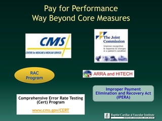 Pay for Performance
      Way Beyond Core Measures




                                   ARRA and HITECH


                                        Improper Payment
                                   Elimination and Recovery Act
Comprehensive Error Rate Testing              (IPERA)
        (Cert) Program

      www.cms.gov/CERT
 